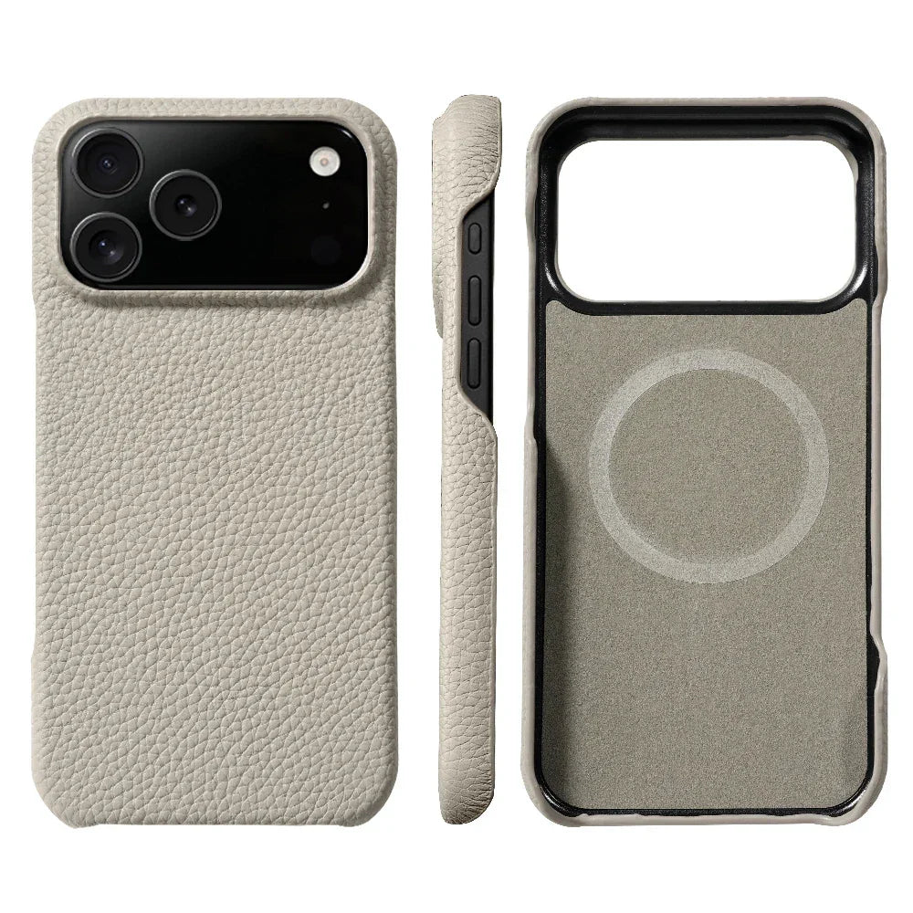 Rovelli beige leather iPhone case with MagSafe, textured finish, front and side views