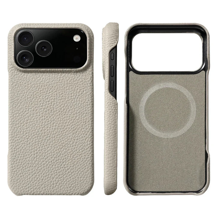 Rovelli beige leather iPhone case with MagSafe, textured finish, front and side views