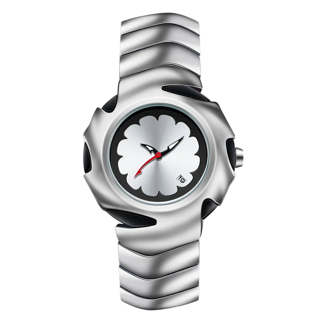 A modern stainless steel watch with a unique wavy band and a flower-shaped face. Featuring black hands, a red second hand, scratch-resistant glass, and a date window near 4 o’clock.
