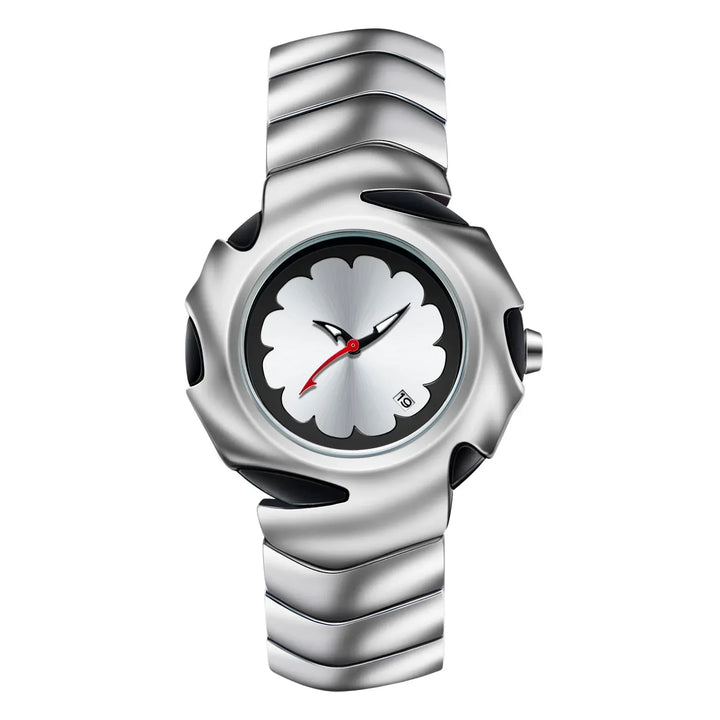 A modern stainless steel watch with a unique wavy band and a flower-shaped face. Featuring black hands, a red second hand, scratch-resistant glass, and a date window near 4 o’clock.
