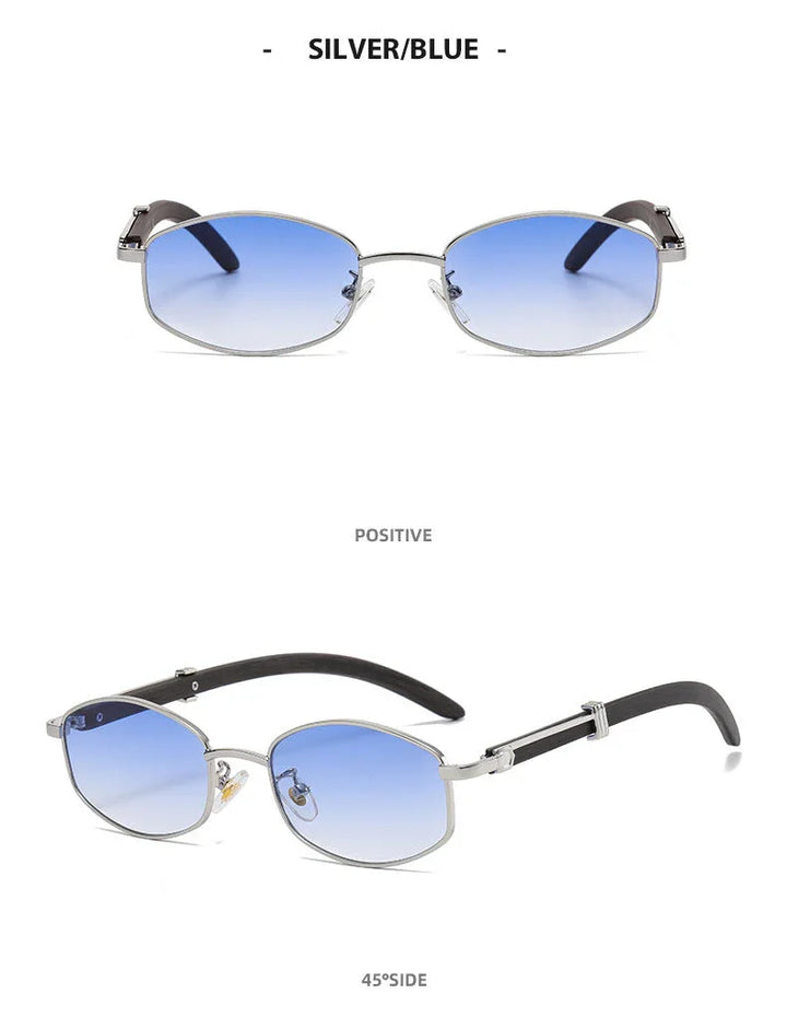 Two views of vintage-inspired sunglasses with silver frames and blue gradient lenses: one front view and one angled side view, both on a white background. Text reads SILVER/BLUE, POSITIVE, 45°SIDE, and UV400 protection.