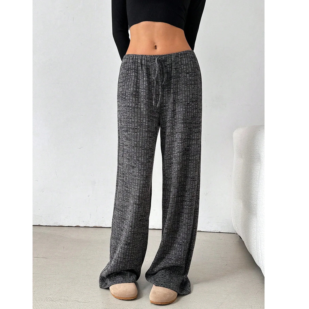 Rovelli women’s wide leg lounge pants in grey textured fabric, casual indoor setting