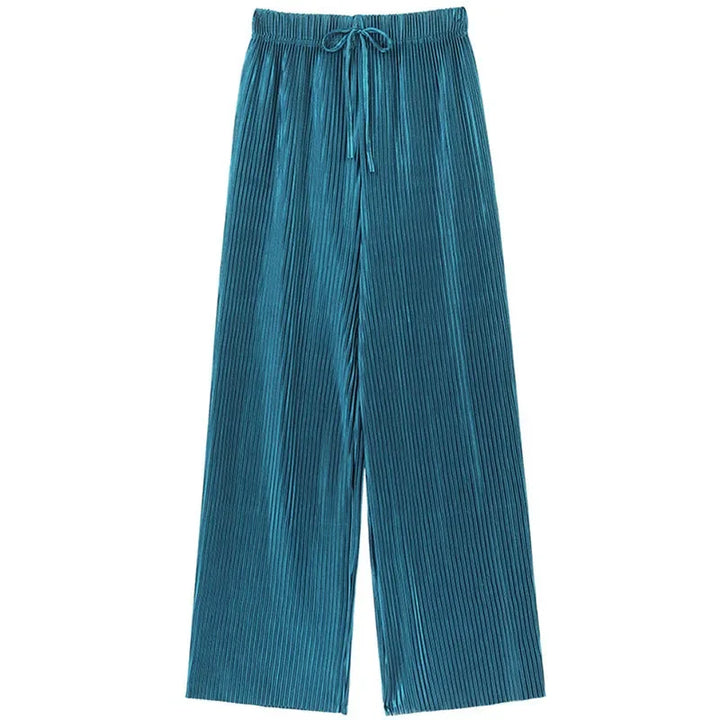 Wide-leg teal Pleated Ice Silk pants with an elastic waistband and drawstring, perfect for women fashion summer pants, displayed on a white background.