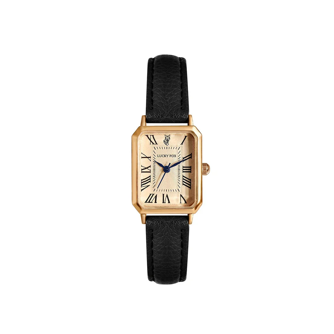 A rectangular face watch with a cream dial, black Roman numerals, blue hands, and a genuine leather strap. The brand Lucky Fox is elegantly displayed on the dial.