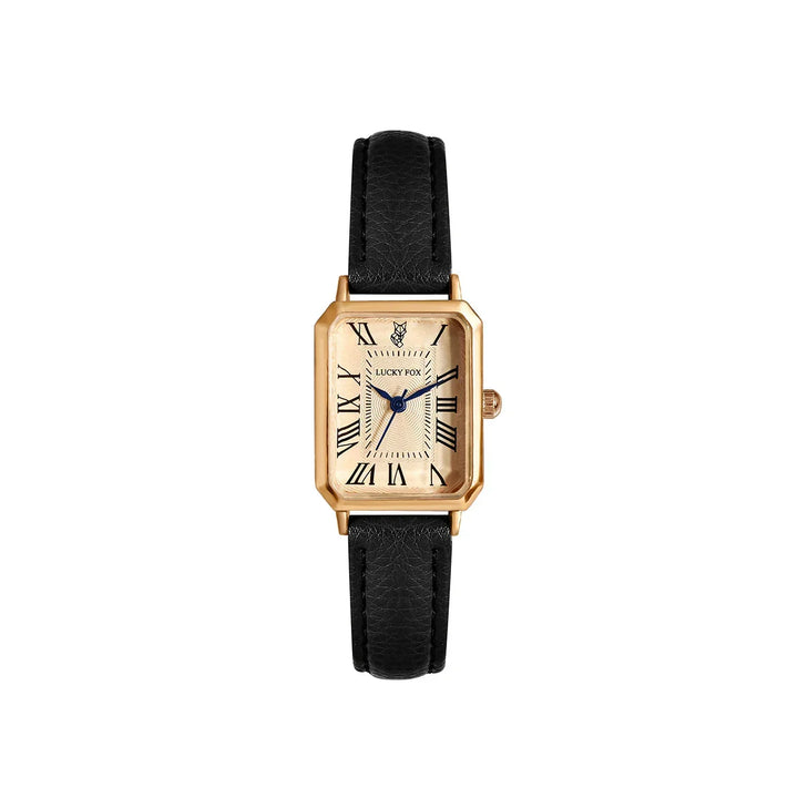 A rectangular face watch with a cream dial, black Roman numerals, blue hands, and a genuine leather strap. The brand Lucky Fox is elegantly displayed on the dial.