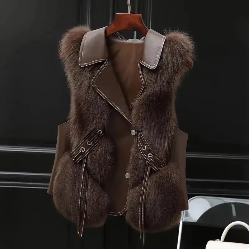 Rovelli brown faux fur vest with wide collar and button details on black background