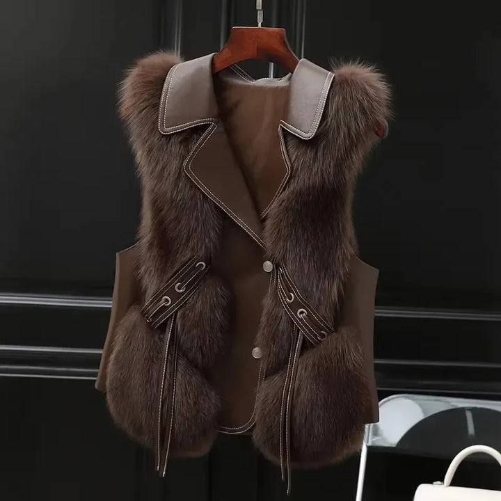 Rovelli brown faux fur vest with wide collar and button details on black background