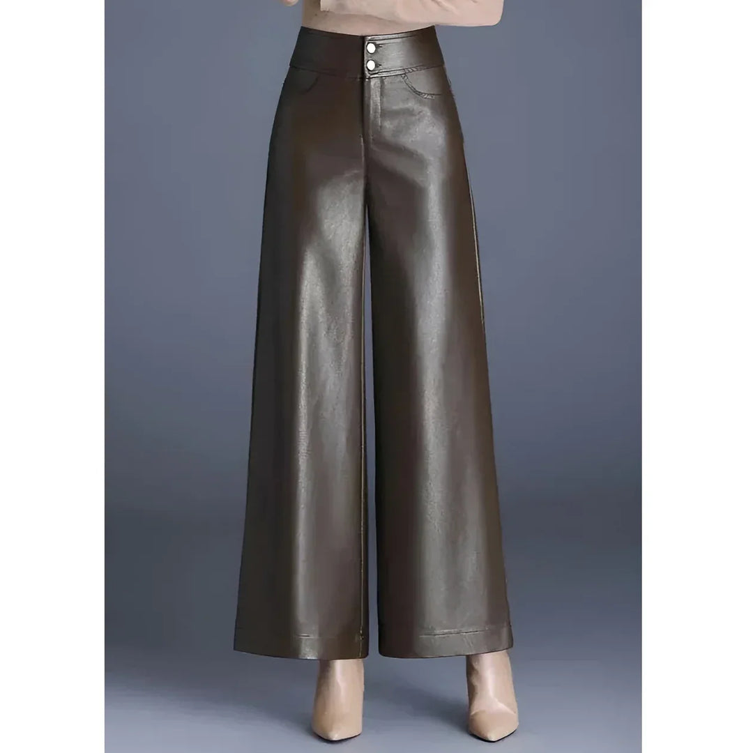 Rovelli high-waisted wide leg brown faux leather pants for women, styled with heels