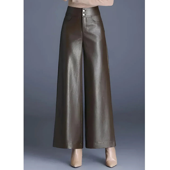 Rovelli high-waisted wide leg brown faux leather pants for women, styled with heels
