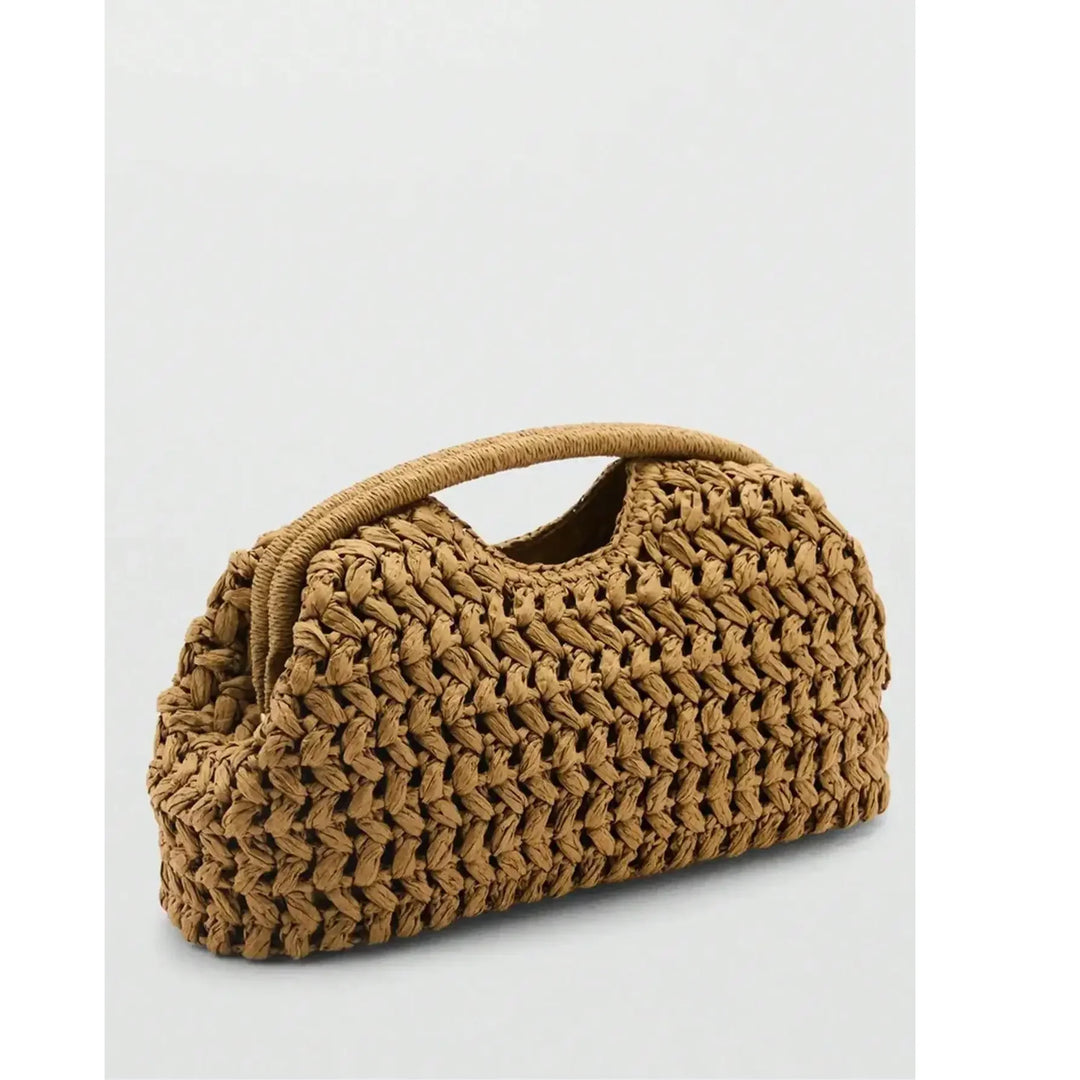 Rovelli tan woven handbag with textured pattern and round handle on neutral background