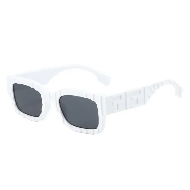 White square-framed vintage sunglasses with dark lenses and a geometric pattern on the frame and arms, featuring UV400 protection, shown against a plain white background.