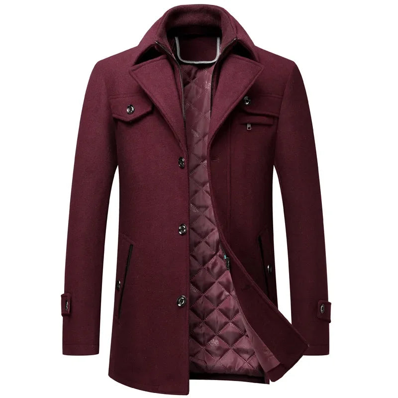 Rovelli burgundy wool coat with quilted lining and button closure, front view