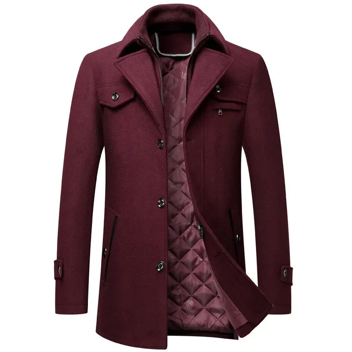 Rovelli burgundy wool coat with quilted lining and button closure, front view