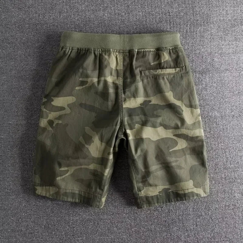 Rovelli men's camouflage shorts with elastic waistband on gray background