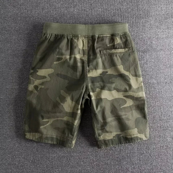 Rovelli men's camouflage shorts with elastic waistband on gray background