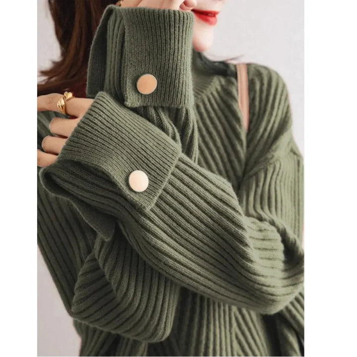 Rovelli olive green ribbed knit sweater with buttoned cuffs, close-up of sleeve details