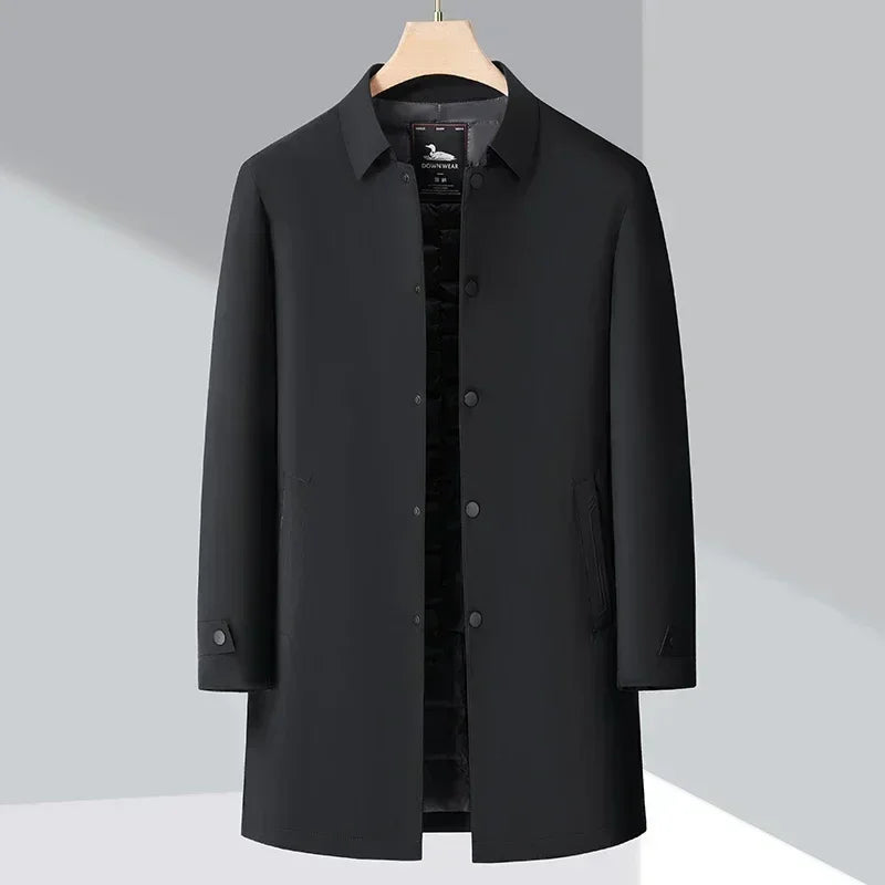 Rovelli black men's long coat with buttons, minimalist modern design on hanger