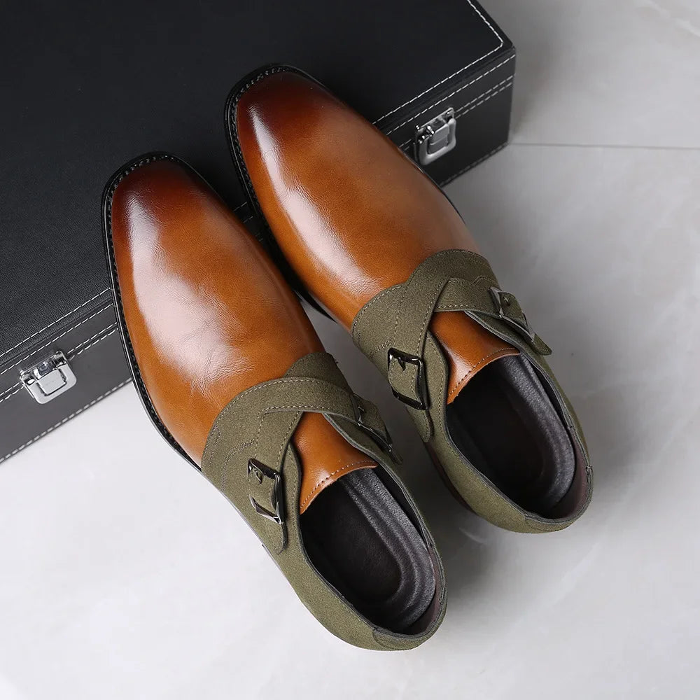 Rovelli men's brown leather dress shoes with green suede straps and buckles on marble floor