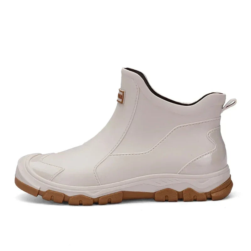Rovelli white ankle boot with brown sole, side view, waterproof outdoor footwear
