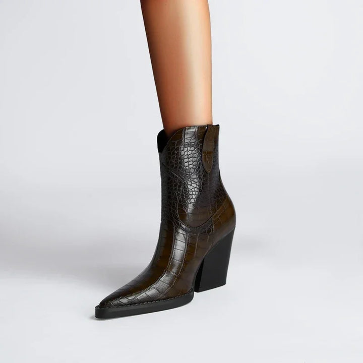 Rovelli black crocodile-embossed heeled ankle boot on white background