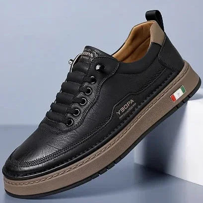 Rovelli black casual leather sneaker with brown sole and Italian flag detail