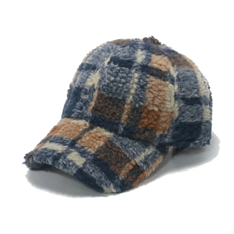 Rovelli plaid sherpa baseball cap in blue, brown and beige on white background