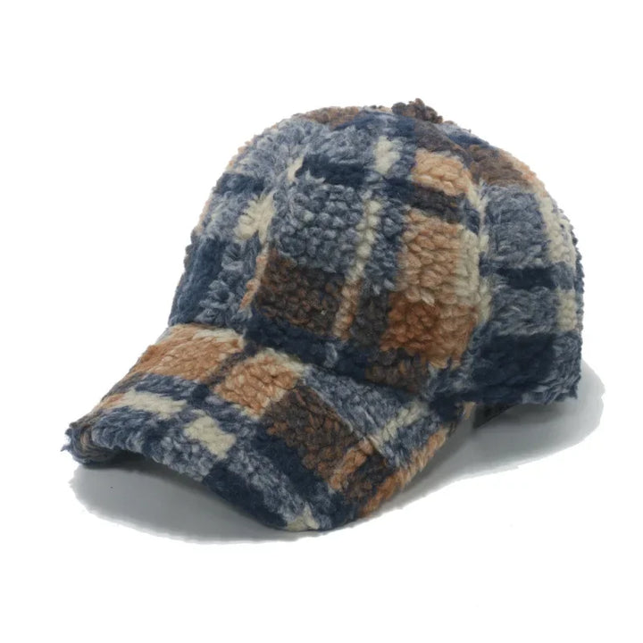 Rovelli plaid sherpa baseball cap in blue, brown and beige on white background