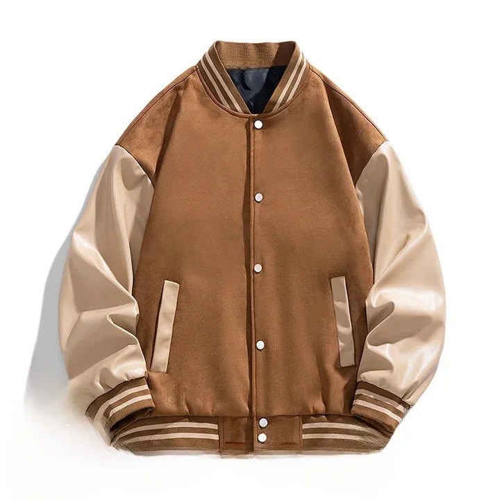 Rovelli brown varsity jacket with beige faux leather sleeves and striped collar