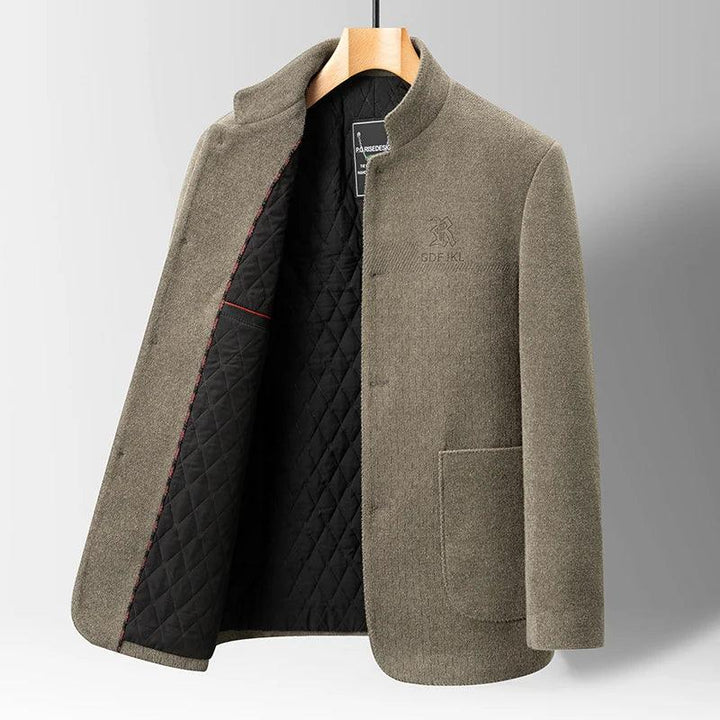 Rovelli men's olive green wool jacket with quilted black lining on hanger