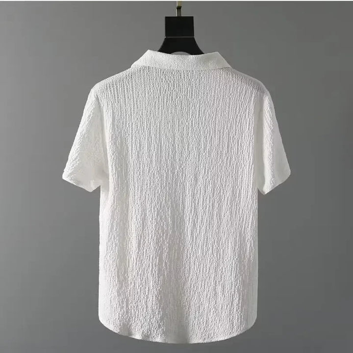 Rovelli textured white short sleeve shirt on hanger against gray background