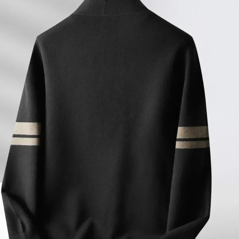 Rovelli black sweater with beige double stripes on sleeves, minimalist style