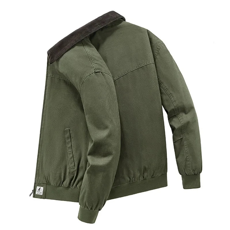 Rovelli olive green jacket with dark collar and elastic cuffs, back view