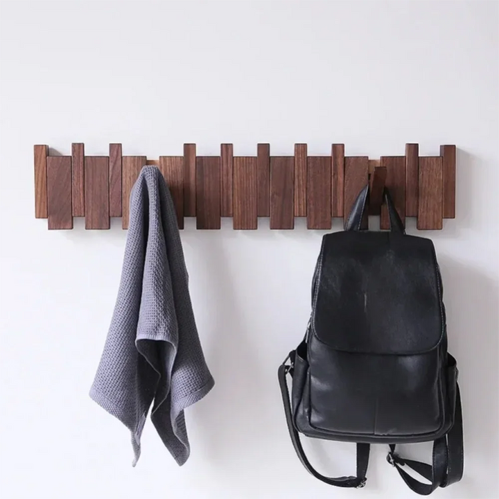 Modern wooden wall rack with backpack and towel, Rovelli home organization