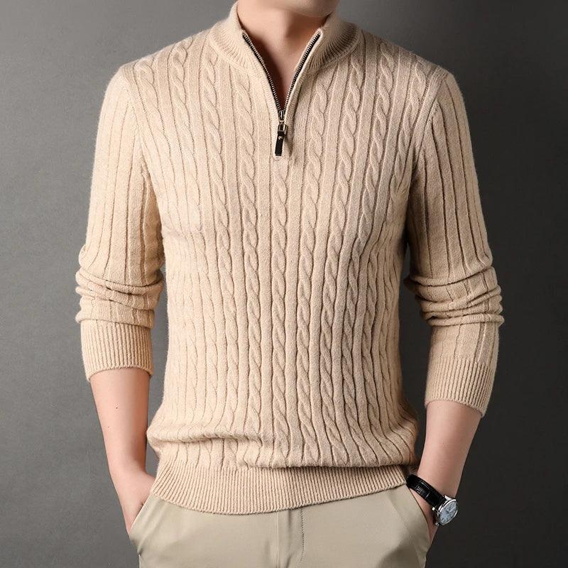 Rovelli men's beige cable knit zip sweater with long sleeves and ribbed cuffs