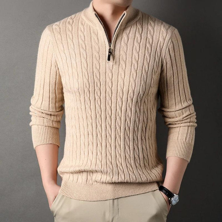 Rovelli men's beige cable knit zip sweater with long sleeves and ribbed cuffs