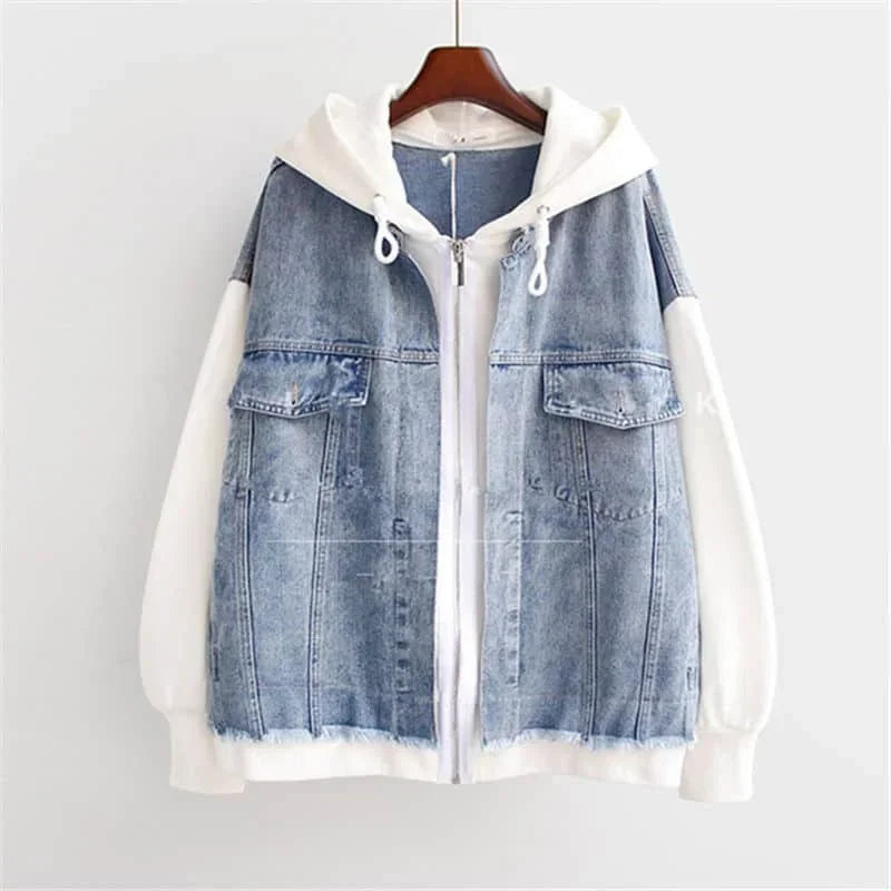 Rovelli denim jacket with hood and white long sleeves on hanger