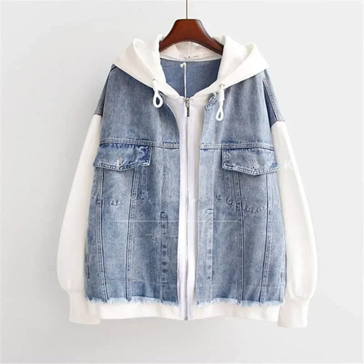 Rovelli denim jacket with hood and white long sleeves on hanger