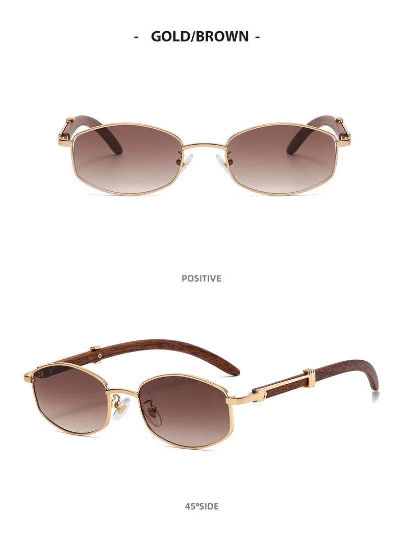 Gold-tone frames and brown gradient lenses create these vintage-inspired sunglasses, featuring brown temples and offering UV400 protection. Shown from the front and at a 45-degree angle.