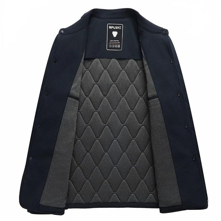 Rovelli dark coat open to show quilted grey diamond-patterned inner lining