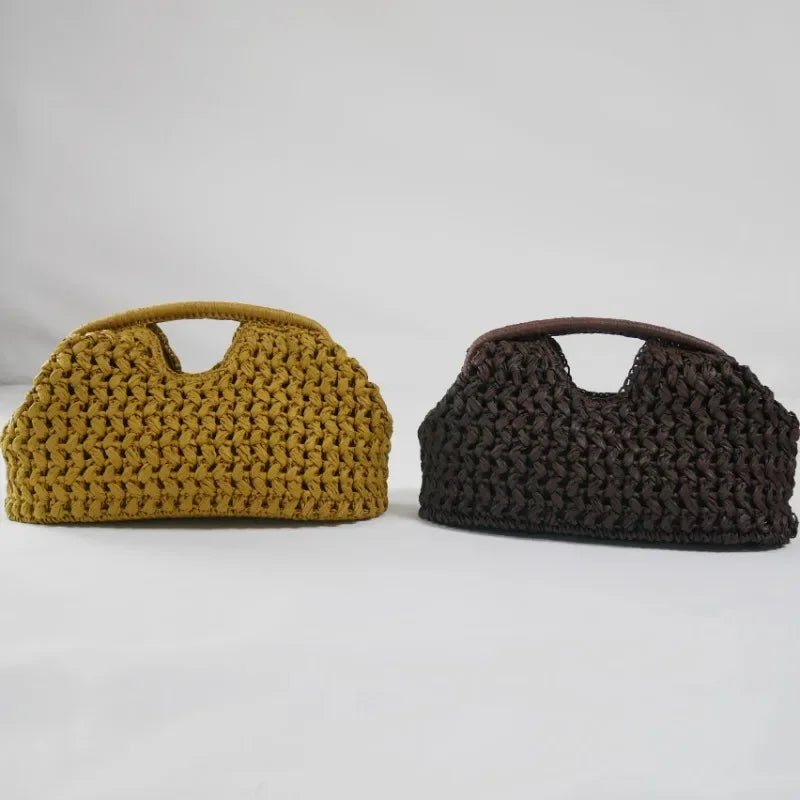 Two Rovelli woven handbags, one mustard yellow and one dark brown, with cut-out handles