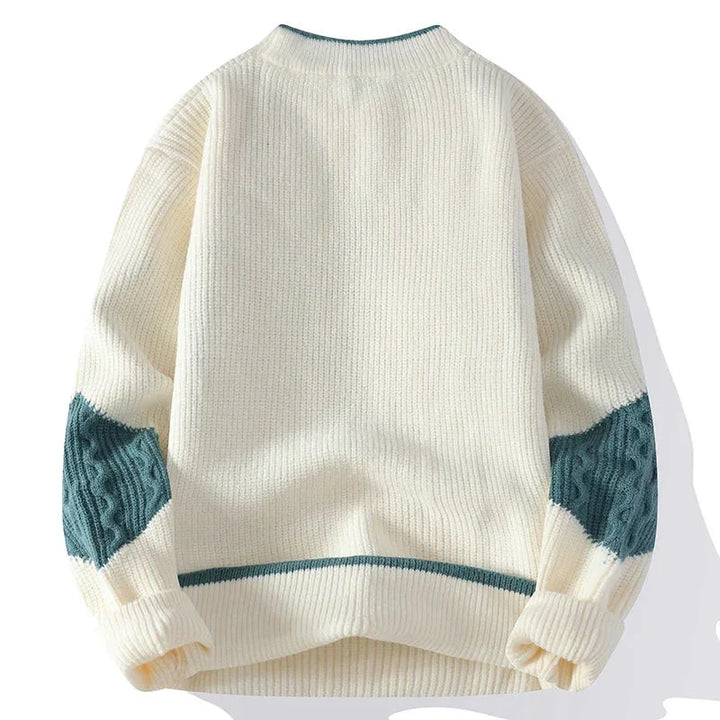 Rovelli cream knit sweater with green textured sleeve accents and ribbed trim