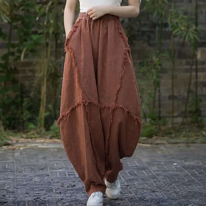 Rovelli wide leg brown boho pants with frayed seams, outdoors, casual street style