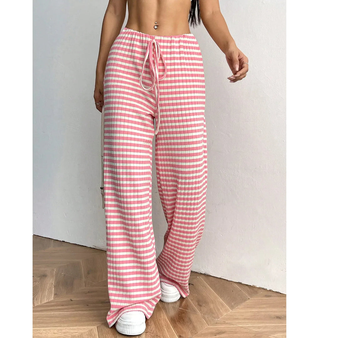 Rovelli pink and white plaid wide leg lounge pants with drawstring waist