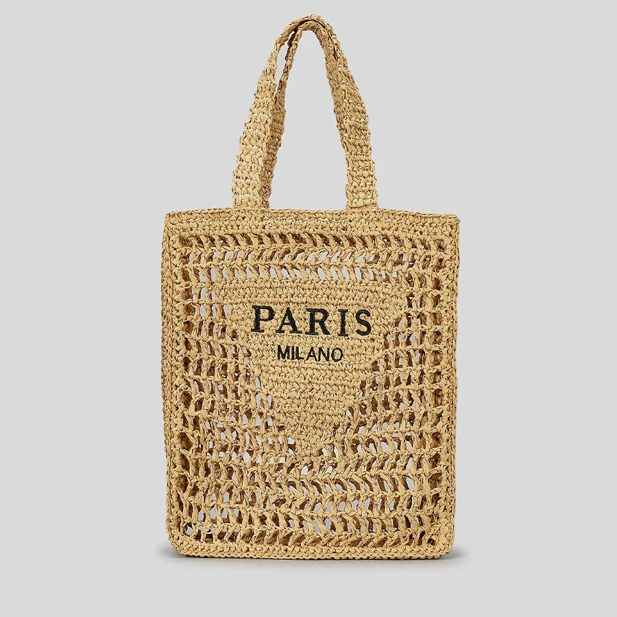 Woven straw tote bag with 'Paris Milano' text, Rovelli accessory on grey background