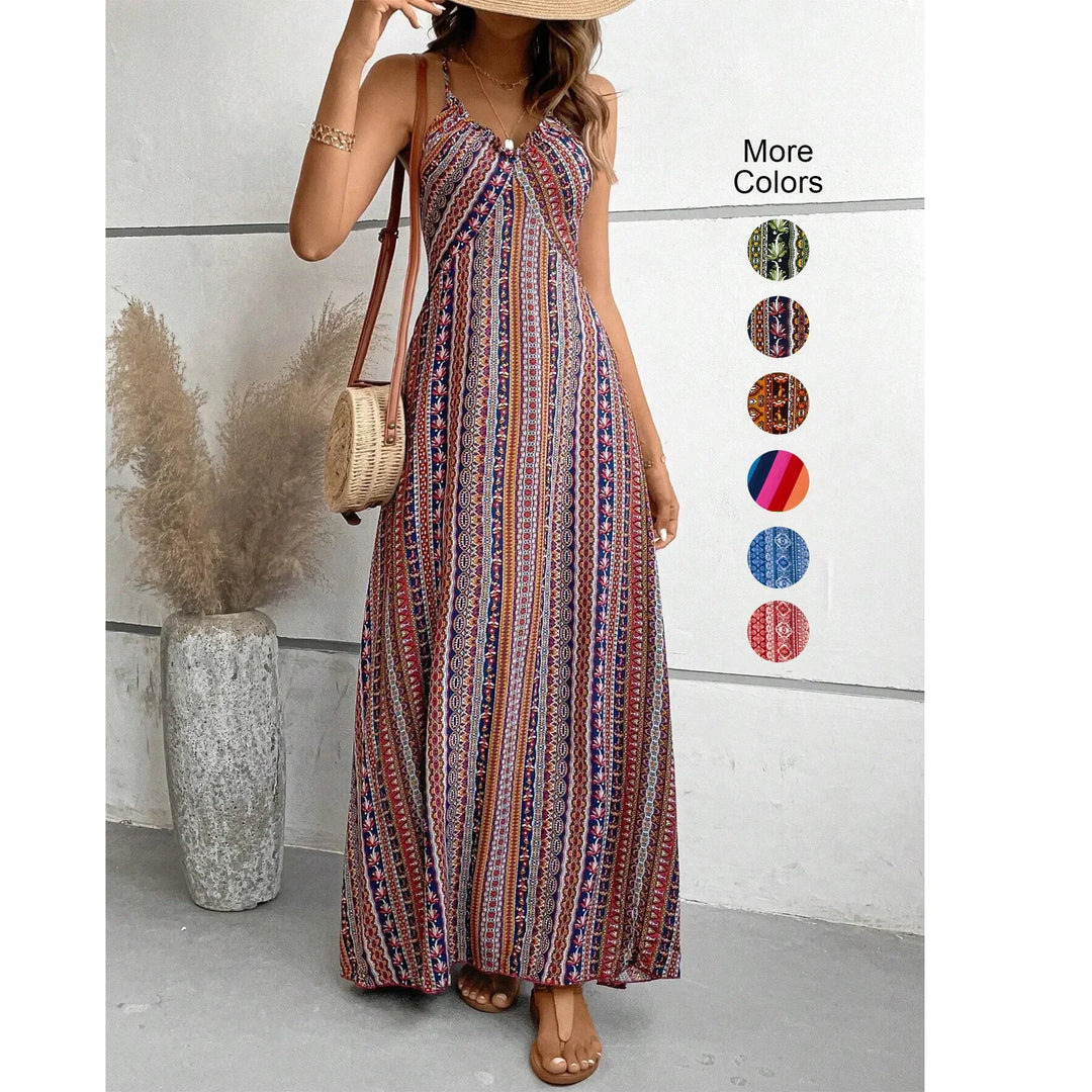 Woman in boho maxi dress with vertical ethnic stripes, Rovelli fashion, multiple color options shown
