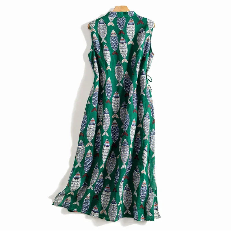Sleeveless green maxi dress with colorful fish print, Rovelli women's fashion.