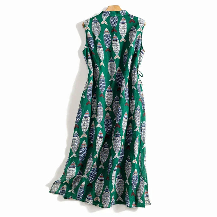 Sleeveless green maxi dress with colorful fish print, Rovelli women's fashion.