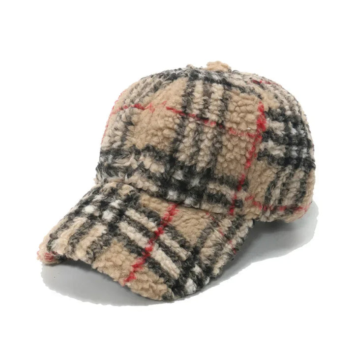 Rovelli beige plaid sherpa baseball cap with black and red check pattern on white background