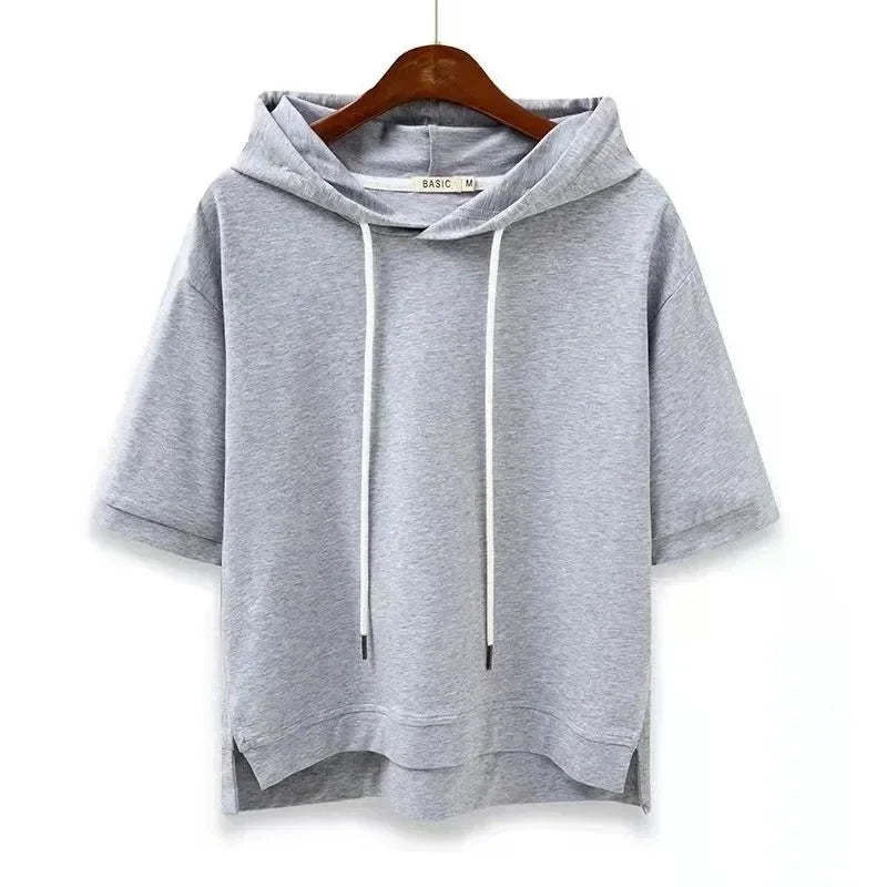 Rovelli light gray short sleeve hoodie with drawstring, casual style on wooden hanger
