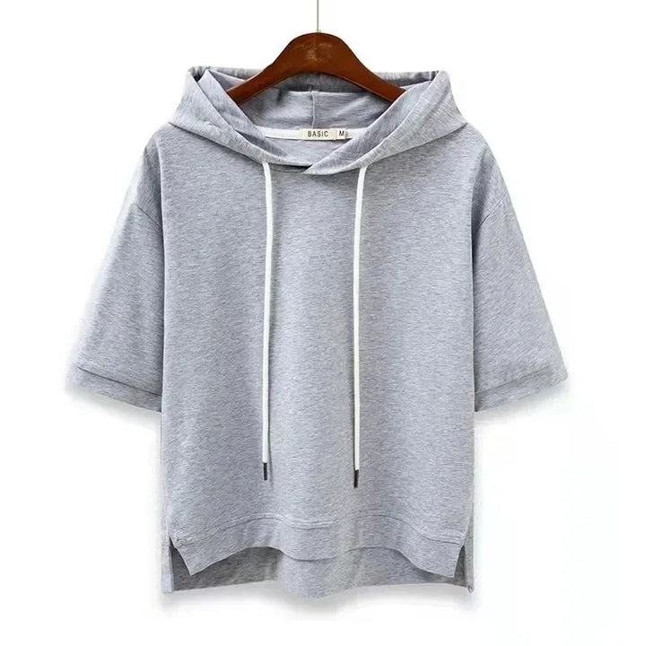 Rovelli light gray short sleeve hoodie with drawstring, casual style on wooden hanger